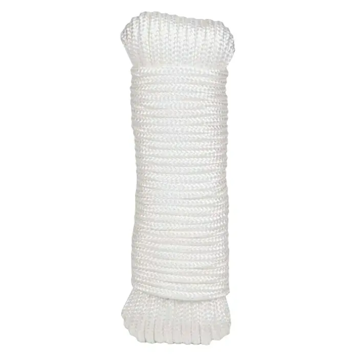Cuerda 4243 - 4 mm x 25 m, Plástico, Blanco - Primer plano de una cuerda de nailon blanca enrollada, ideal para la navegación y actividades al aire libre.