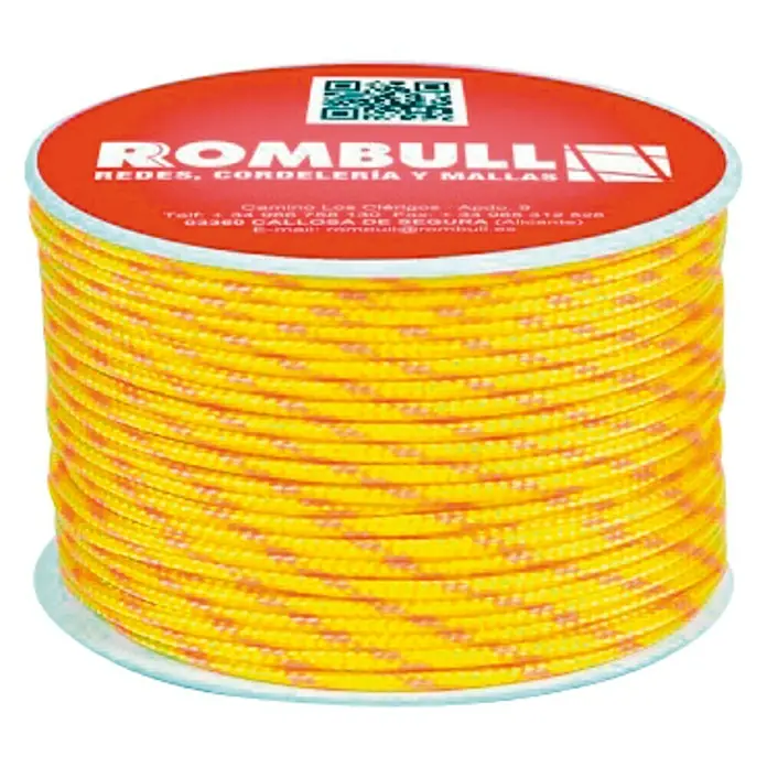 Cuerda fantasía - 4 mm x 60 m, Poliéster, Amarillo - Bobina de cuerda amarilla ROMBULLI, ideal para redes, cordelería y trabajos de malla. Resistente y versátil.