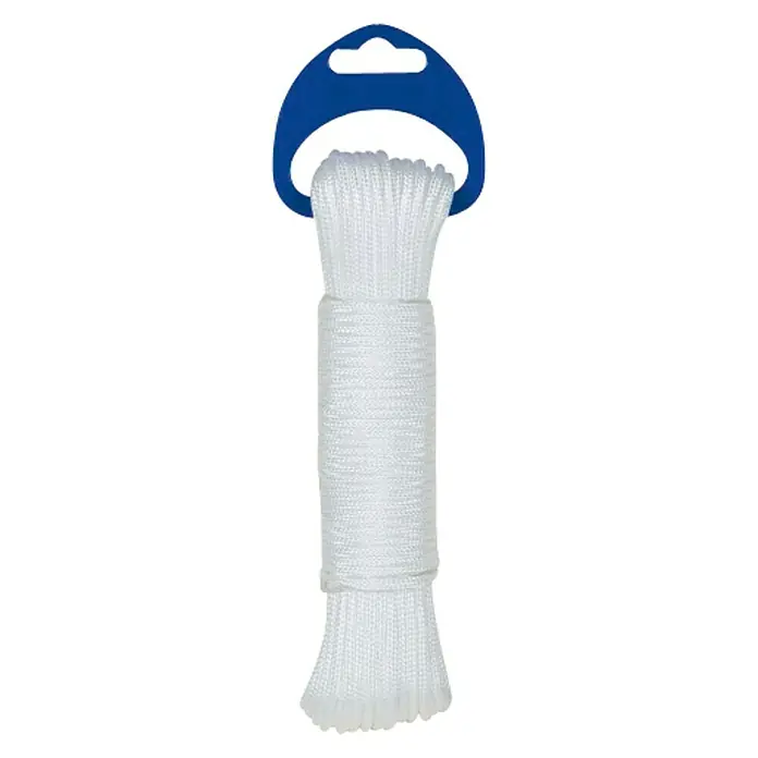 Cuerda de riel - 3 mm x 20 m, Plástico, Blanco - Cuerda blanca con colgador azul, ideal para diversas aplicaciones en el hogar o mientras se acampa. La cuerda es compacta y fácil de guardar.