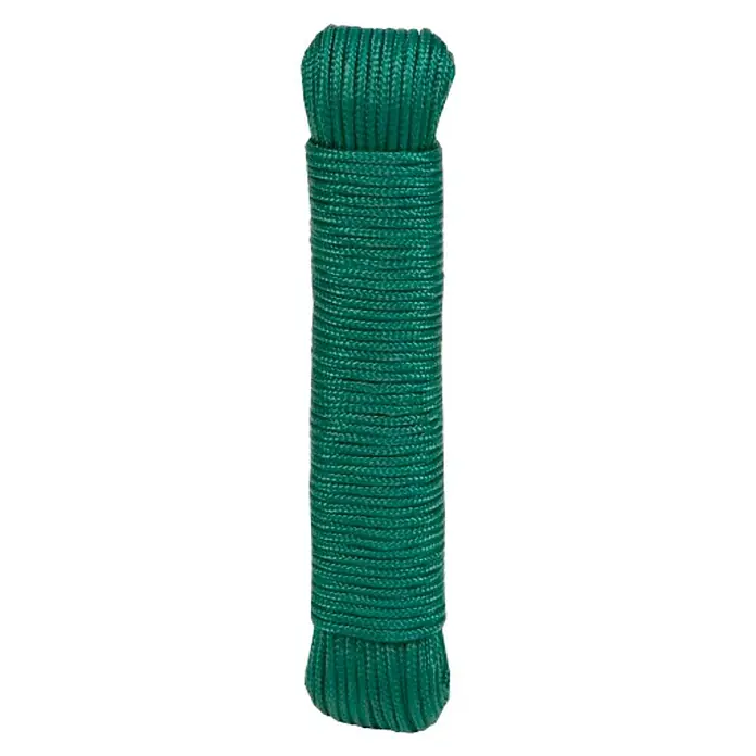 Cuerda - 4 mm x 25 m, Plástico, Verde - Cuerda verde enrollada. La cuerda está bien enrollada y compacta, ideal para actividades al aire libre o uso diario.
