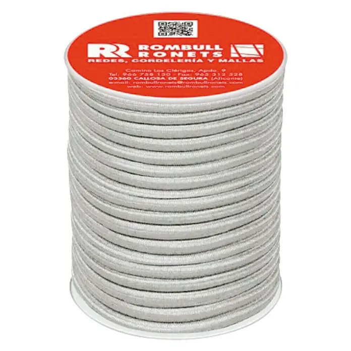 Cordón elástico - Ø x L: 8 mm x 15 m, Otros, Blanco - Imagen de un carrete de cuerda ROMBULL RONETS, ideal para redes, cordelería y mallas, con un logotipo rojo brillante en la parte superior.