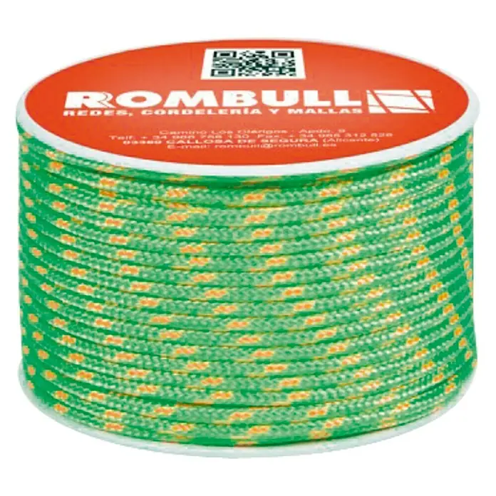 Cuerda fantasía - 4 mm x 60 m, Poliéster, Verde, Carga soportada: 90 kg - Carrete de cuerda verde con detalles naranjas, ideal para actividades al aire libre y proyectos que requieren un cordaje resistente.