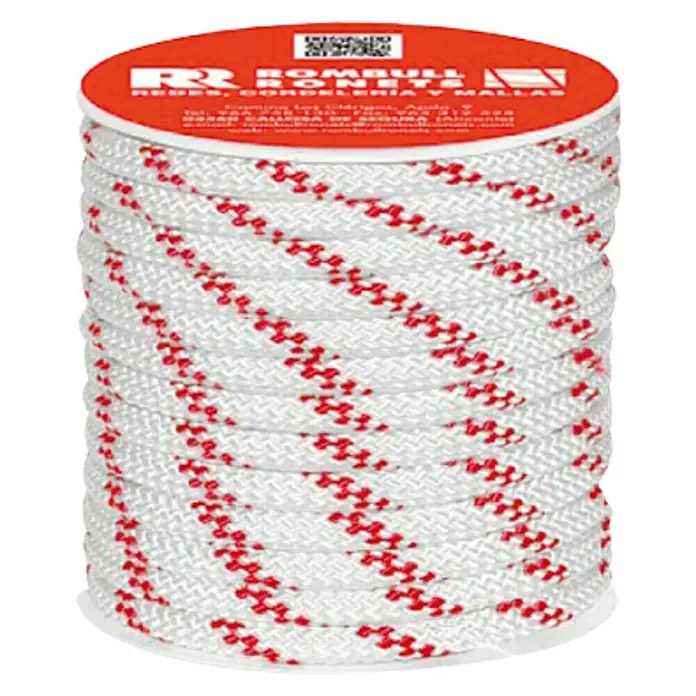 Cuerda - 8 mm x 15 m, Rojo/Blanco - Rollo de cuerda de seguridad ROMBULL, blanco con marcas rojas, ideal para diversas aplicaciones en tecnología de cuerdas y seguridad de carga.