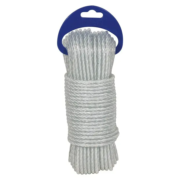 Cuerda 4593 - 4 mm x 15 m, Plástico, Blanco - La imagen muestra un paquete de cuerda de nailon blanca, completo con un colgador de plástico azul para una fácil visualización y almacenamiento.
