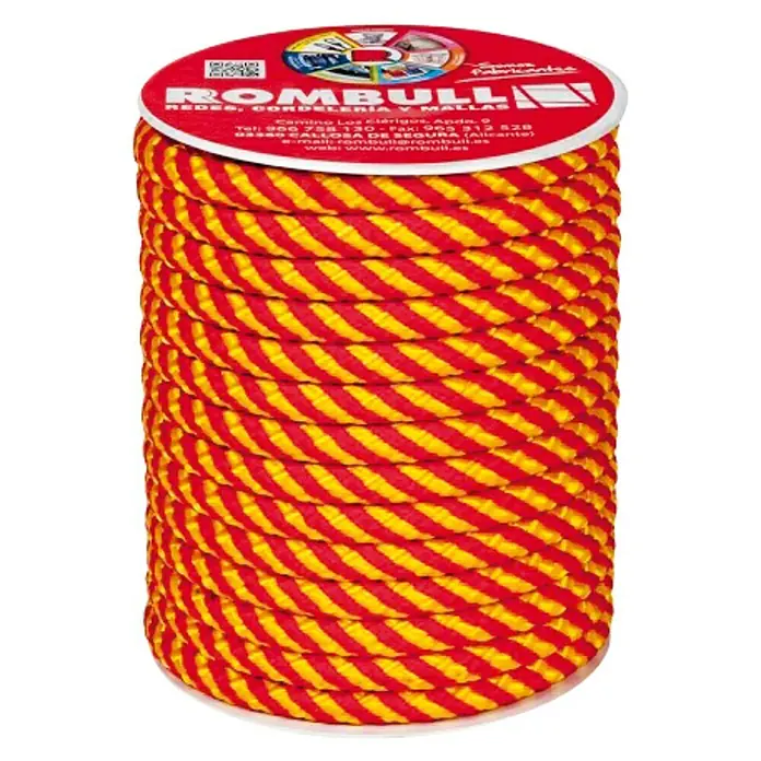 Cuerda 4914 - 8 mm x 25 m, Plástico, Rojo/Amarillo - Imagen de una bobina de cuerda Rombullin a rayas rojas y amarillas, un producto llamativo y duradero.