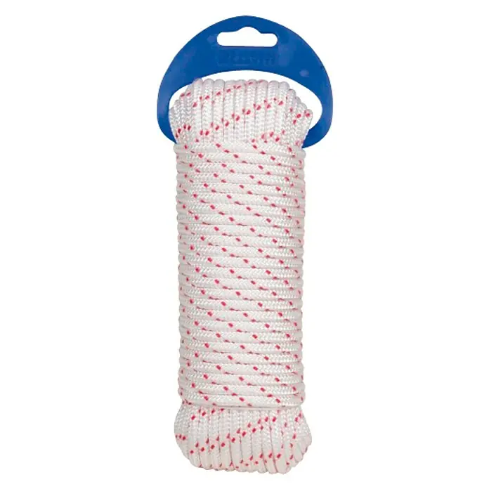 Cuerda para motores - 4 mm x 25 m, Poliéster, Rojo/Blanco - Rollo de cuerda blanca enrollada con marcas rojas y colgador de plástico azul para un almacenamiento práctico.