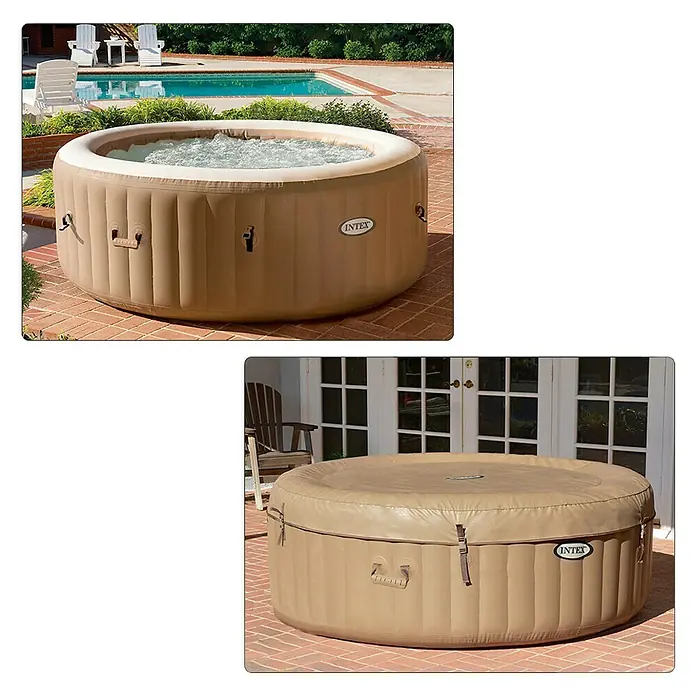 Intex Pure Spa Hidromasaje móvil Bubble - Ø x Al: 196 x 71 cm, Beige/Blanco, 800 l - Dos vistas de un jacuzzi inflable Intex, uno lleno de agua y el otro con una cubierta.