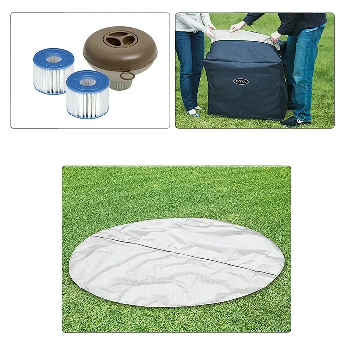 Intex Pure Spa Hidromasaje móvil Bubble - Ø x Al: 196 x 71 cm, Beige/Blanco, 800 l - Imagen de accesorios de piscina: filtros, cubierta y bolsa de transporte para un fácil mantenimiento y almacenamiento.