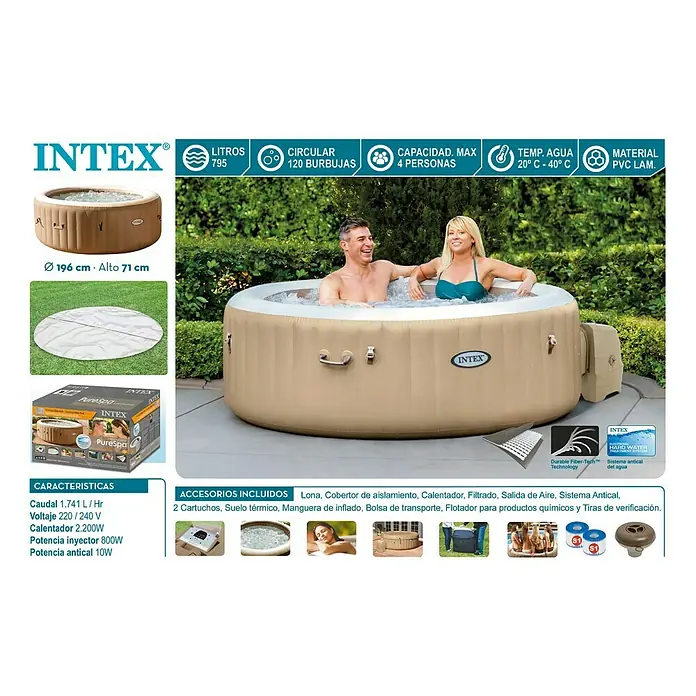 Intex Pure Spa Hidromasaje móvil Bubble - Ø x Al: 196 x 71 cm, Beige/Blanco, 800 l - Hidromasaje inflable Intex PureSpa para 4 personas, con calentador, filtro y cubierta para momentos relajantes en el jardín.