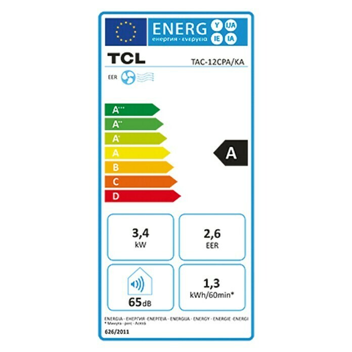 TCL Mobiles Klimagerät TAC-12CPA/KA (Kühlleistung: 11.000 BTU/h, 35 m², Entfeuchtungsleistung: Ca. 38,4 l/Tag, LED-Display)