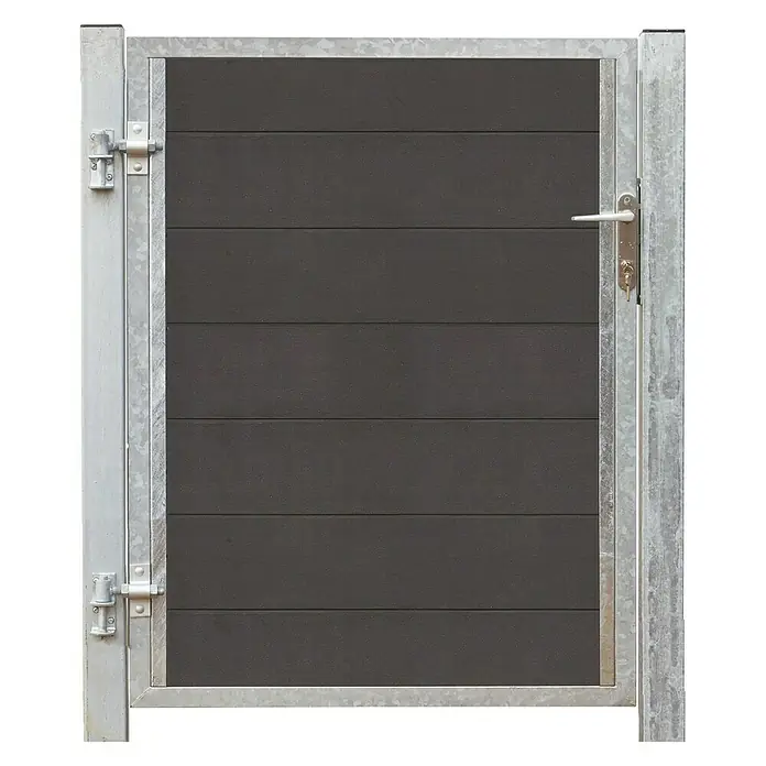 Plus Futura Zauntor - 99 x 127 cm, Türanschlag links, Schiefergrau - Hier ist ein Gartentor mit grauen, horizontalen Lamellen und einem silbernen Metallrahmen. Es verfügt über einen Griff und einen Riegel.