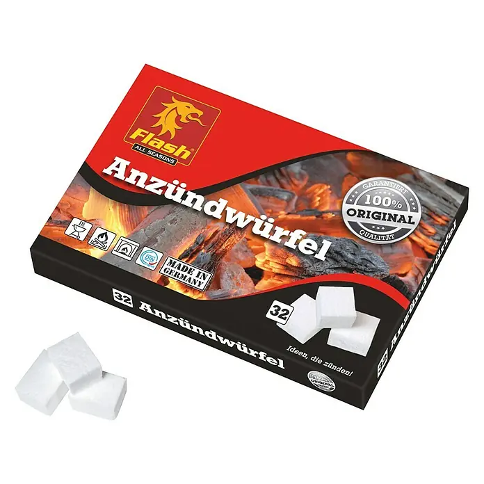 Flash Anzündwürfel - 32 Stk., Paraffinbasis - Anzündwürfel der Marke Flash All Seasons, ideal zum Anzünden von Grill und Lagerfeuer. 32 Stück in einer Packung, hergestellt in Deutschland.