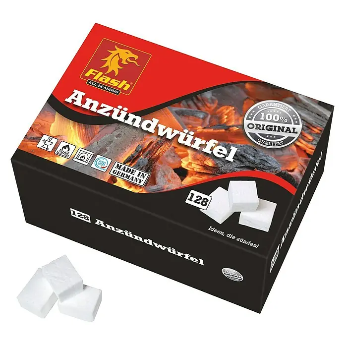 Flash Anzündwürfel - 128 Stk., Paraffinbasis - Produktbild von einer Packung Flash Anzündwürfel, ideal zum Anzünden von Grills und Kaminen, mit dem Hinweis "Made in Germany".