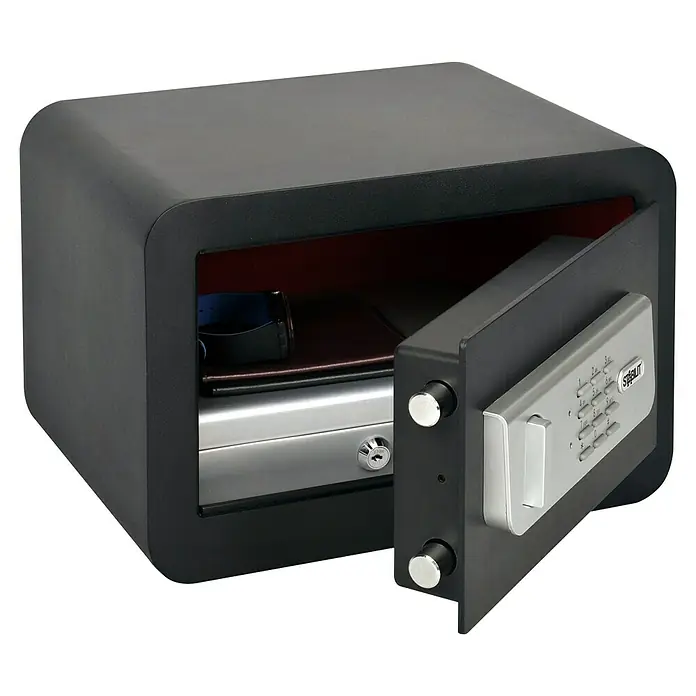 Stabilit Möbeltresor Security-Box LED - L x B x H: 35 x 25 x 23 cm, Elektronisches Zahlenschloss, Schwarz - Schwarzer Tresor mit geöffneter Tür und digitalem Zahlenschloss zur sicheren Aufbewahrung von Wertsachen.