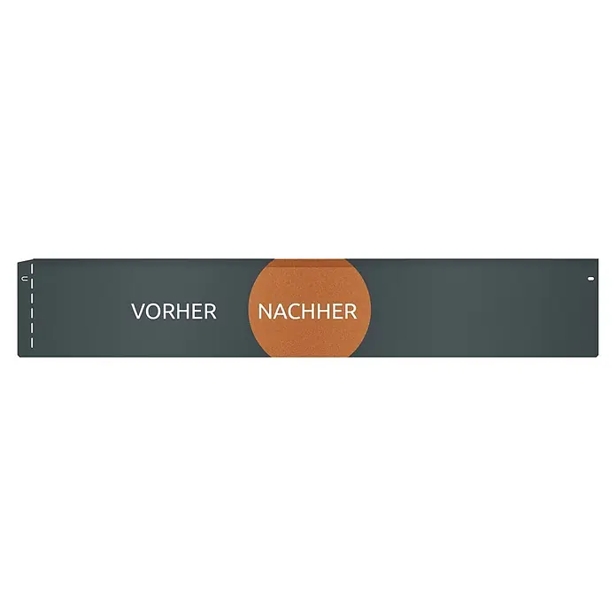 Bellissa Rasenkante Corten - Rost, 118 x 20 cm - "Vorher" und "Nachher" Darstellung auf einem grauen Banner mit braunem Kreis, der den Unterschied verdeutlicht.