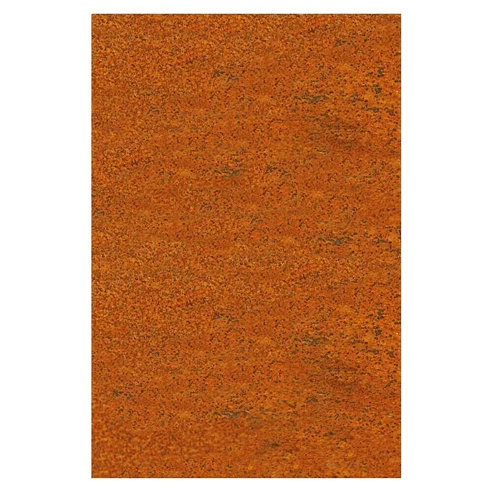 Bellissa Rasenkante Corten - Rost, 118 x 20 cm - Nahaufnahme einer rostfarbenen Metallplatte mit unregelmäßiger Textur und leichtem Glanz. Ideal für industrielle Designs.