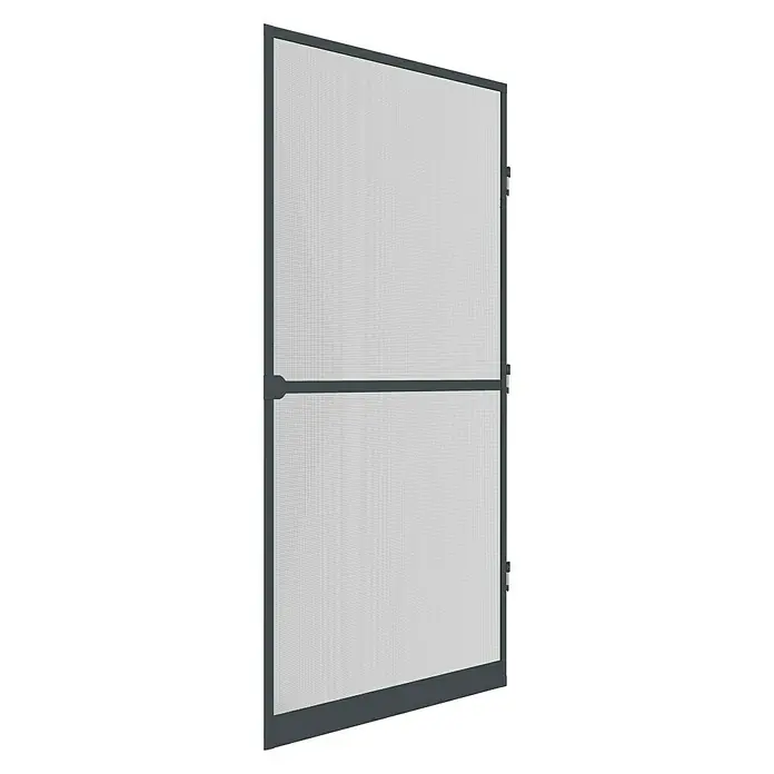 Easy Life easyLINE 2 Insektenschutztür - B x H: 100 x 210 cm, Anthrazit, Montage Insektengitter: Schrauben - Nahaufnahme einer grauen zweiteiligen Fliegengittertür mit einem horizontalen Steg in der Mitte und einem soliden Rahmen.