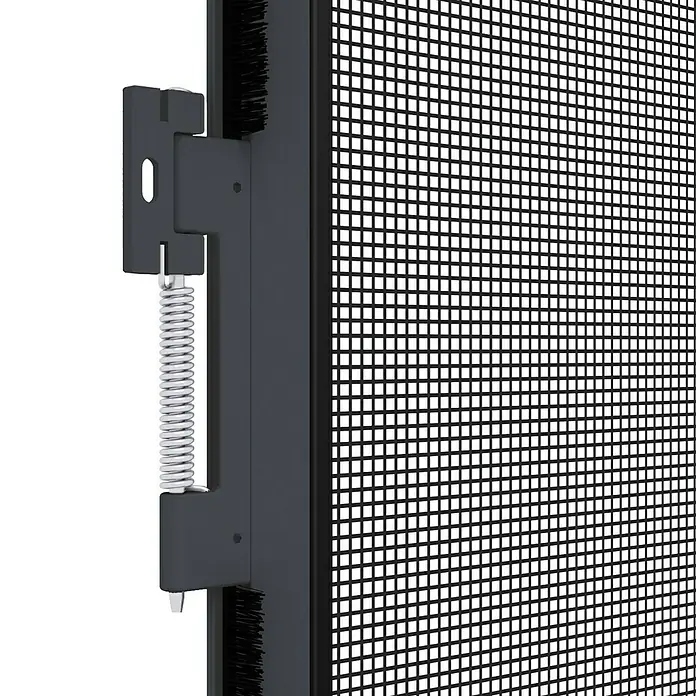 Easy Life proLINE 2 Insektenschutztür - B x H: 100 x 210 cm, Montage Insektengitter: Schrauben, Grau - Nahaufnahme eines schwarzen Insektenschutzgitters mit einem Schließmechanismus und einer Feder, ideal für Fenster und Türen.