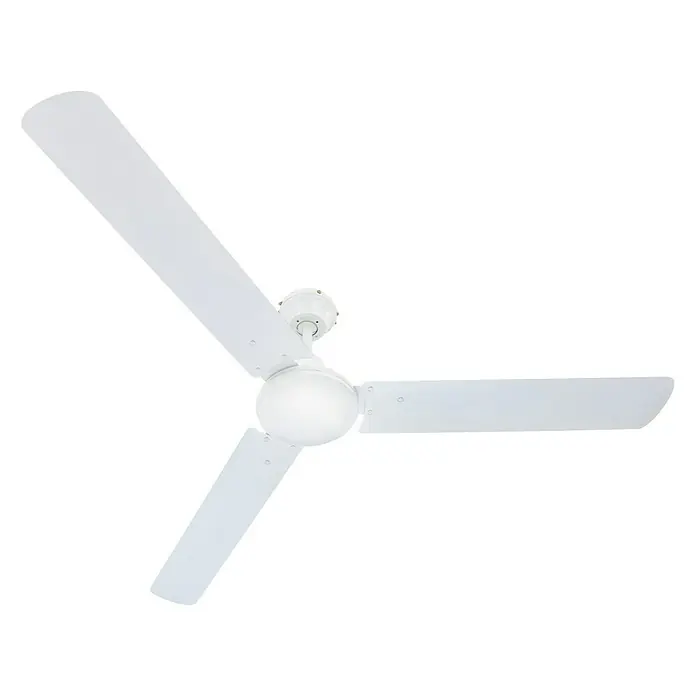 Globo Ventilador de techo Ferro - Blanco, 142 cm, 70 W - Imagen de un ventilador de techo blanco con tres palas sobre un fondo negro.