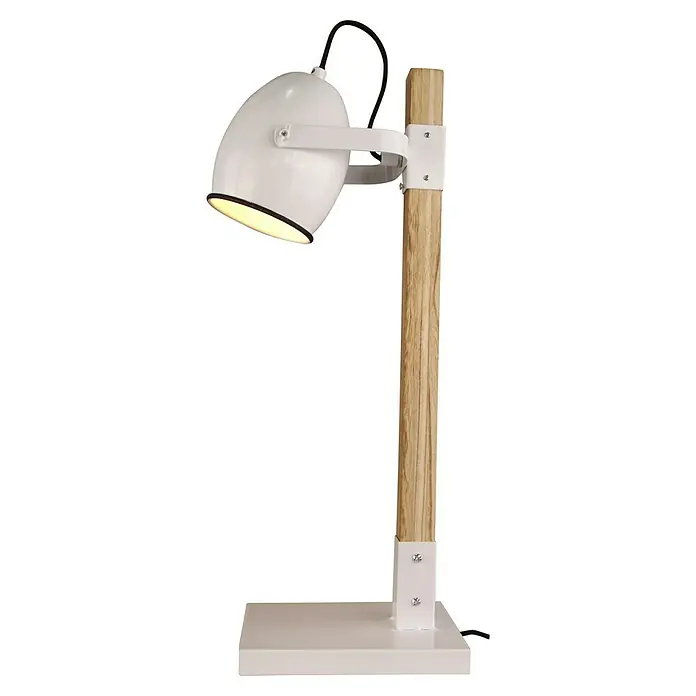 Tischleuchte - 40 W, Holz, E27 - Elegante Schreibtischlampe mit weißem Lampenschirm und Holzfuß. Perfekt für stilvolle Beleuchtung im Arbeitszimmer oder Wohnbereich.