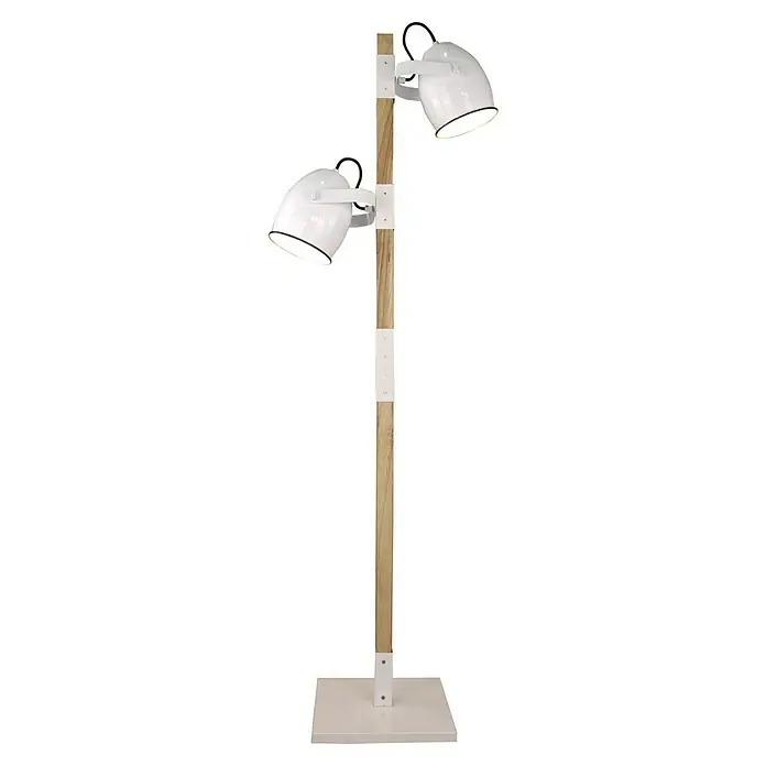 Stehleuchte - 40 W, Höhe: 140 cm, Weiß/Holz, E27 - Stehleuchte mit zwei weißen Schirmen und einem Holzständer, die ein modernes und stilvolles Ambiente schafft.