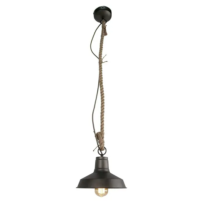 Pendelleuchte rund - 40 W, Stahl-schwarz/Holz, E27 - Vintage Hängelampe mit Seilaufhängung und Metallschirm, die ein warmes, einladendes Licht spendet. Ideal für rustikale Interieurs.