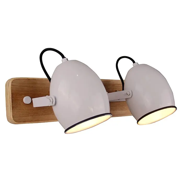 Foco de pared Country Home - 40 W, Blanco, E27, 2 ud. - Lámpara de pared blanca con dos focos ajustables sobre base de madera, ideal para una iluminación de acento elegante.