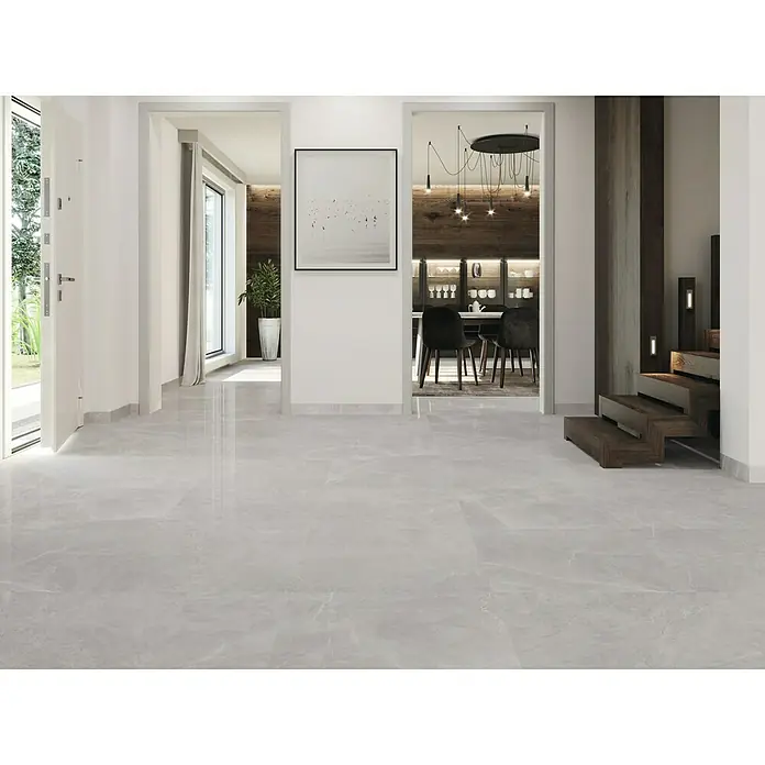 Feinsteinzeugfliese Bayona Silver - 60 x 60 cm, Grau, Glänzend - Elegante Inneneinrichtung mit hellgrauen Marmorfliesen, die dem Raum ein modernes und stilvolles Aussehen verleihen.