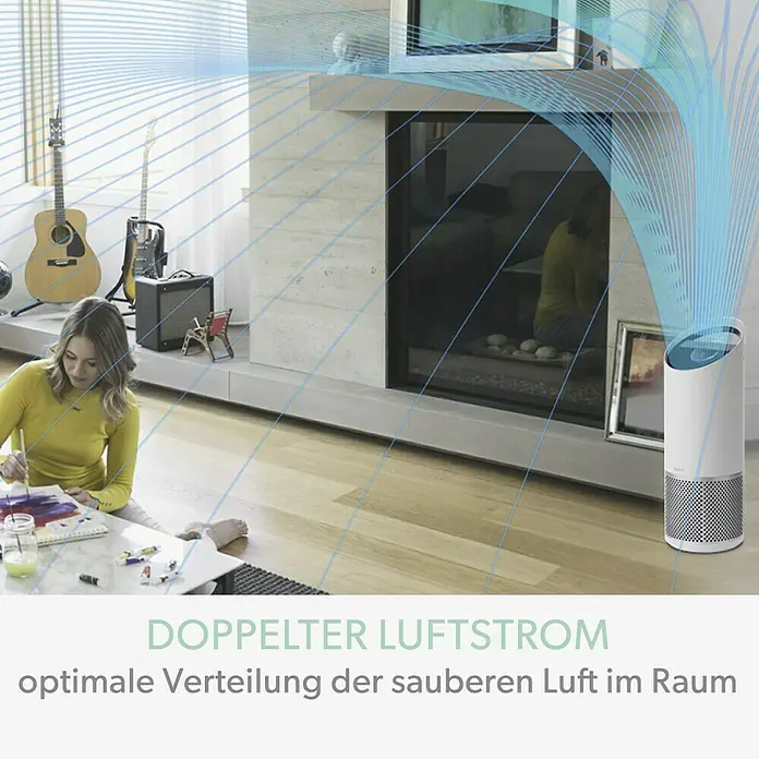 Leitz TruSens Luftreiniger Z-2000 - Raumgröße: 0 m² - 35 m², SensorPod Luftqualitätsmesser - Ein schlanker, weißer Luftreiniger im Wohnzimmer, der für doppelten Luftstrom und optimale Luftverteilung sorgt.