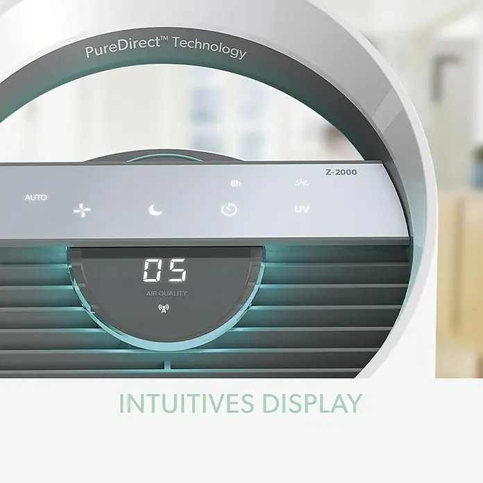 Leitz TruSens Luftreiniger Z-2000 - Raumgröße: 0 m² - 35 m², SensorPod Luftqualitätsmesser - Nahaufnahme des PureDirect™ Technologie Luftreinigers Z-2000 mit Anzeige für intuitive Bedienung und Luftqualität.