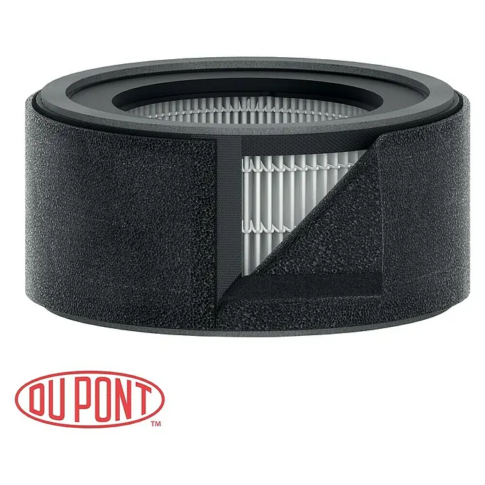 Leitz TruSens Filtro HEPA Z-1000 - 18,5 x 18,5 x 9,5 cm, Específico para: Purificador de aire TruSens Z-1000 - Un filtro de purificador de aire redondo y negro de DuPont con una sección transversal que muestra las capas internas del filtro.