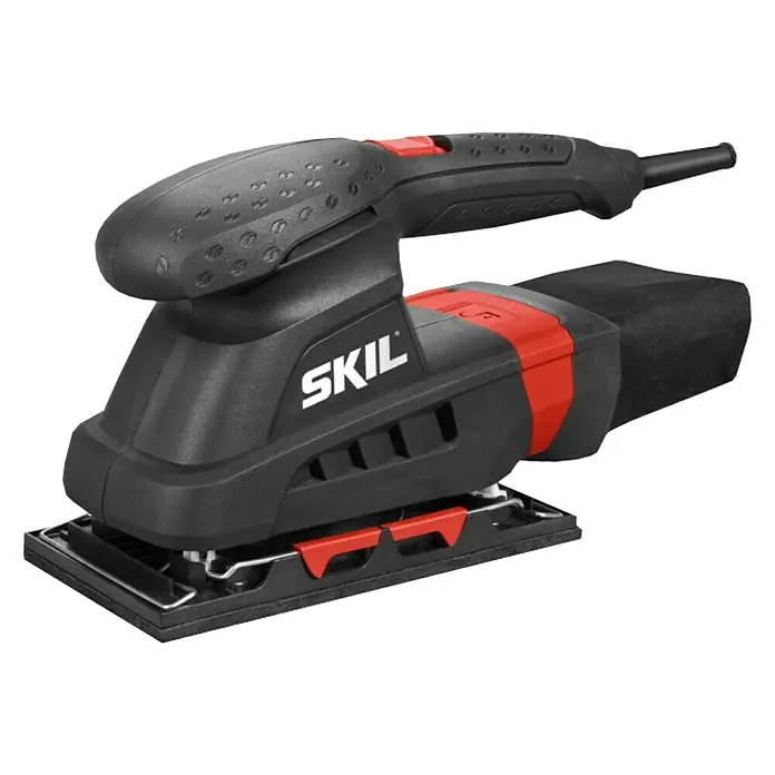 Skil Elektro-Schwingschleifer 7347 AA - 160 W - Hier ist ein Bild eines SKIL Schwingschleifers. Das Gerät ist in Schwarz und Rot gehalten und hat einen Staubbeutel.
