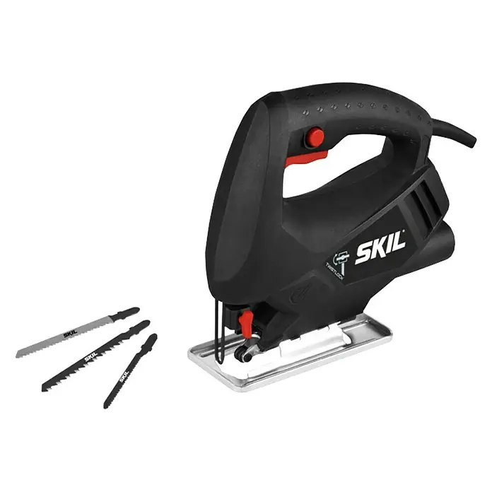 Skil Elektro-Stichsäge 4190 AA - 3.100 /min, 65 mm - Abbildung einer schwarzen SKIL Stichsäge mit drei Sägeblättern. Ideal zum Schneiden verschiedener Materialien.