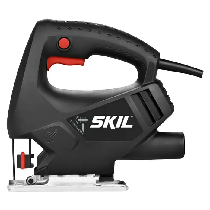 Skil Elektro-Stichsäge 4190 AA - 3.100 /min, 65 mm - Eine Nahaufnahme einer schwarzen SKIL Stichsäge mit roten Akzenten, die ein robustes und ergonomisches Design zeigt.