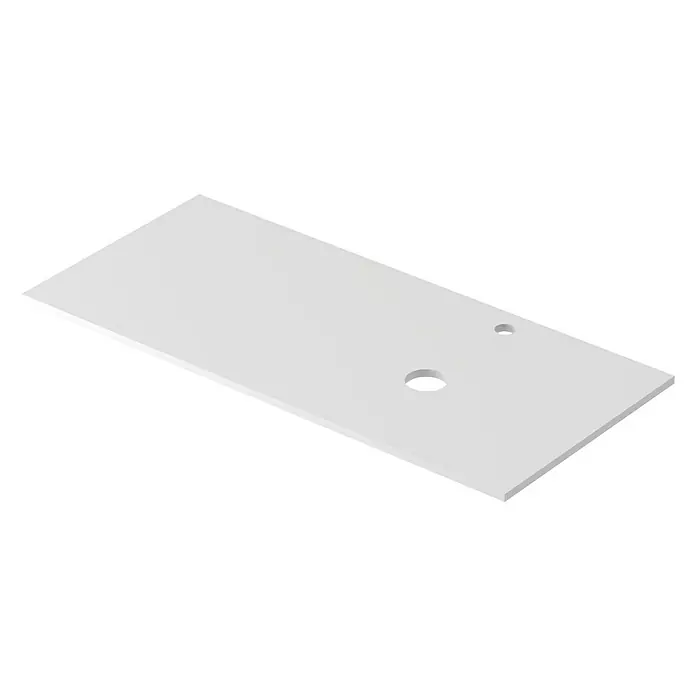 Encimera para lavabo Mineral derecha - L x An x Al: 46 x 101 x 1,5 cm, Blanco - Una tapa de mesa blanca con dos agujeros, ideal para un espacio de trabajo moderno o un escritorio.