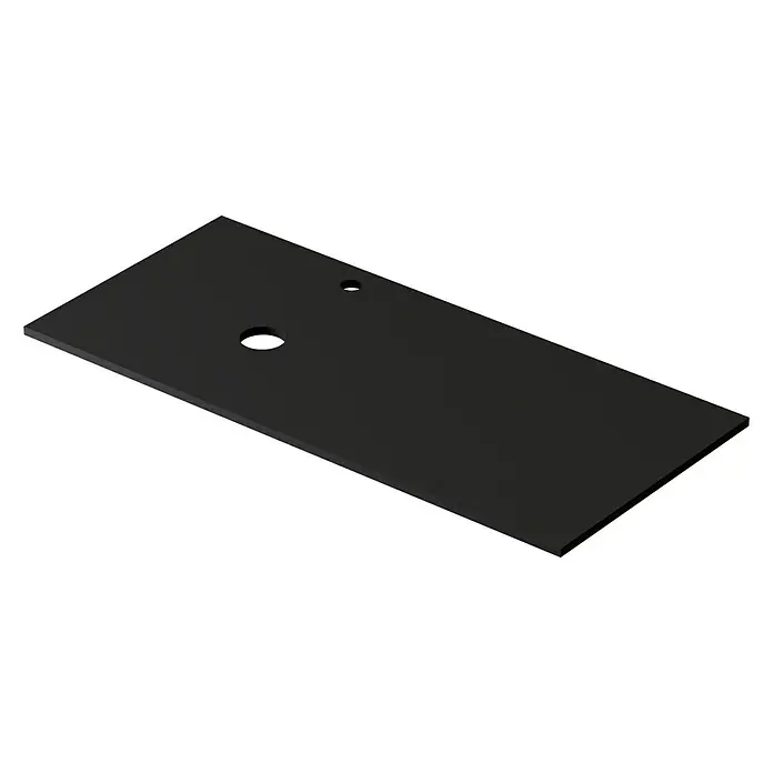 Encimera para lavabo Mineral izquierda - L x An x Al: 46 x 121 x 1,5 cm, Negro - Tablero de mesa negro con dos agujeros, ideal para oficinas o espacios de trabajo modernos. El diseño simple se integra perfectamente.