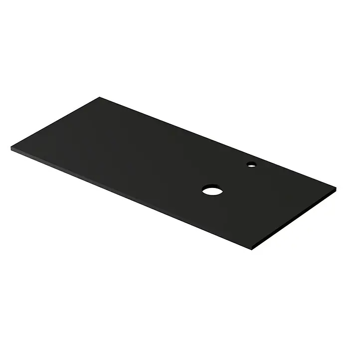 Encimera para lavabo Mineral derecha - L x An x Al: 46 x 101 x 1,5 cm, Negro - Una superficie de mesa negra rectangular con dos orificios de diferentes tamaños, ideal para oficinas y espacios de trabajo modernos.