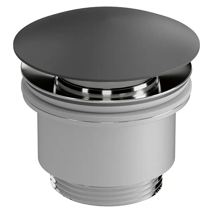 Válvula click clack Color - 1¼'', Gris - Imagen de un desagüe de lavabo moderno gris con pulsador y detalles cromados. El desagüe tiene un diseño elegante y funcional.