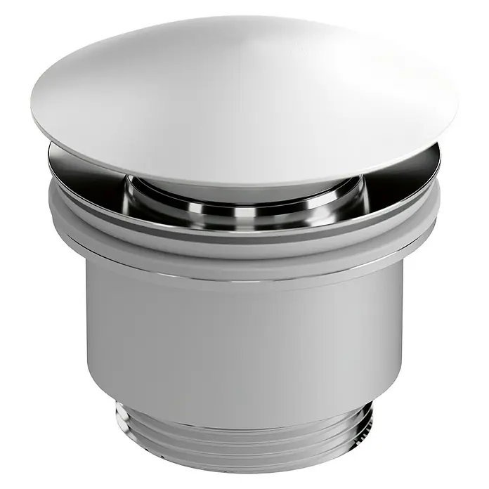Válvula click clack Color - 1¼'', Blanco - Vista detallada de un tapón de desagüe redondo y brillante hecho de cromo y material blanco. Ideal para baños modernos.
