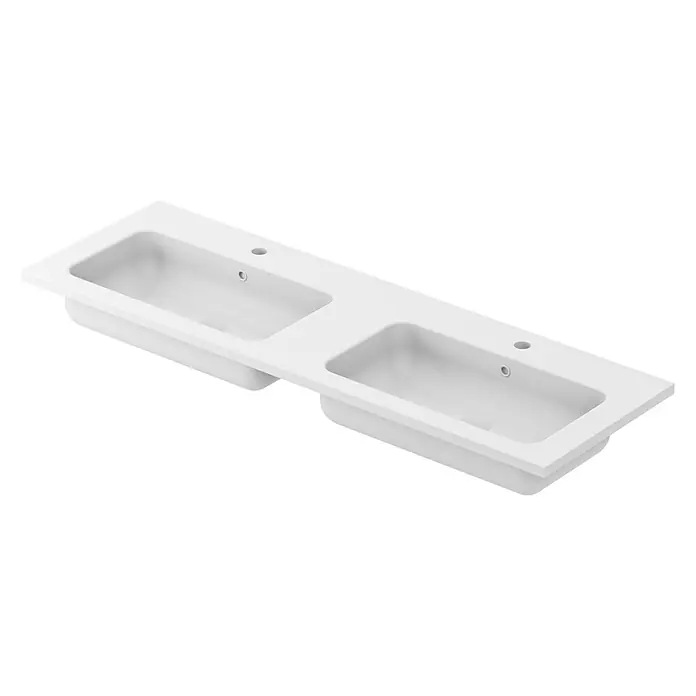 Lavabo doble Zeppelin - 120,5 x 45,5 cm, Blanco mate - Mueble de lavabo doble con orificios para grifos, perfecto para un diseño de baño moderno.