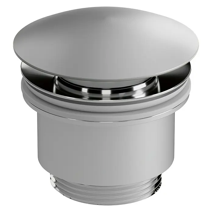 Válvula click clack Color - 1¼'', Grafito - Primer plano de un tapón de lavabo moderno plateado, que combina funcionalidad con un diseño actual.