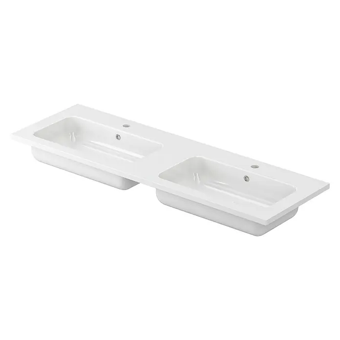 Lavabo doble Zeppelin - 120,5 x 45,5 cm, Blanco brillo - Un elegante lavabo doble blanco con cubetas rectangulares y orificios para grifos, perfecto para diseños de baño modernos.