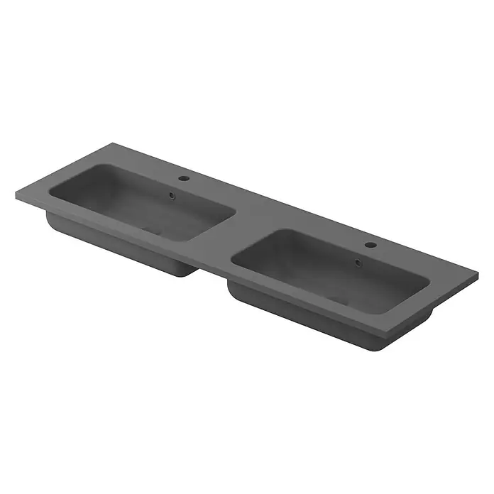 Lavabo doble Zeppelin - 120,5 x 45,5 cm, Gris - Lavabo doble gris con cubetas rectangulares y agujeros para grifos, ideal para baños modernos.