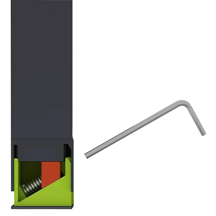 Easy Life easyHold Insektenschutz-Fensterrollo - B x H: 160 x 170 cm, Montage Insektengitter: Klemmen, Farbe Rahmen: Anthrazit - Ein 3D-gerendertes Bild einer Halterung mit einer Feder und einem Inbusschlüssel.
