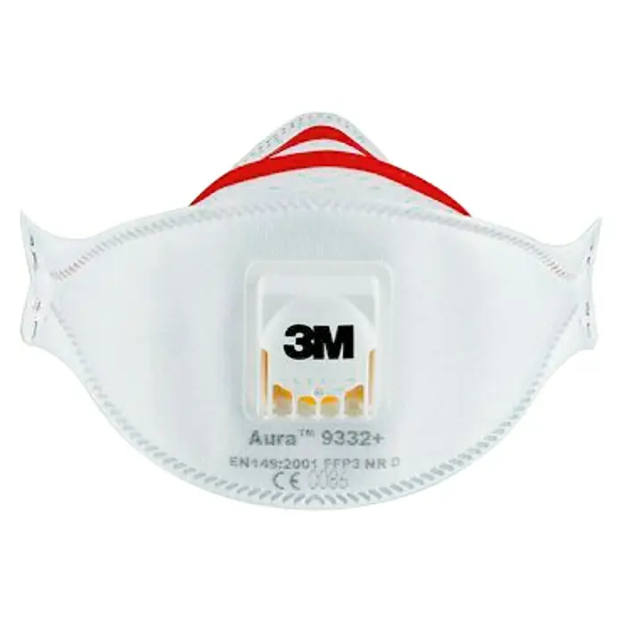 3M Aura Mascarilla de protección respiratoria 9332 - Clase de filtro: FFP3, 2 ud. - Mascarilla respiratoria 3M Aura 9332+. La máscara es blanca con una correa roja. Equipada con una válvula de exhalación para mayor comodidad. Protección contra polvo y aerosoles.