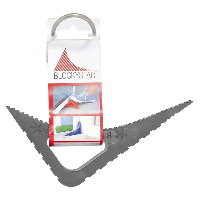 Retenedor para puerta y ventana Blockystar - Negro - Un calce de puerta Blockystar gris con perfil dentado y embalaje que incluye un anillo para colgar. Perfecto para bloquear puertas y ventanas.