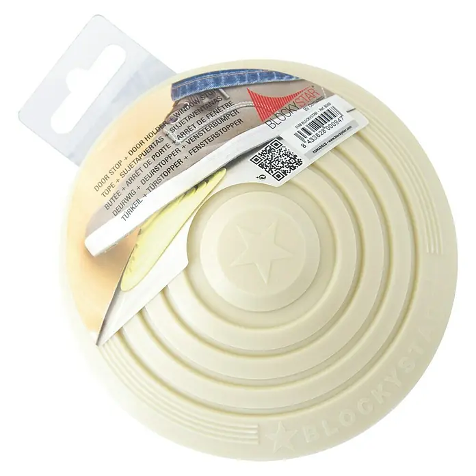Tope de puerta y ventana Ovni Blockystar - Plástico, Ø x Al: 12 x 3 cm, Beige - Primer plano de un tope de puerta Blockystar redondo beige con círculos concéntricos y una estrella en el centro.