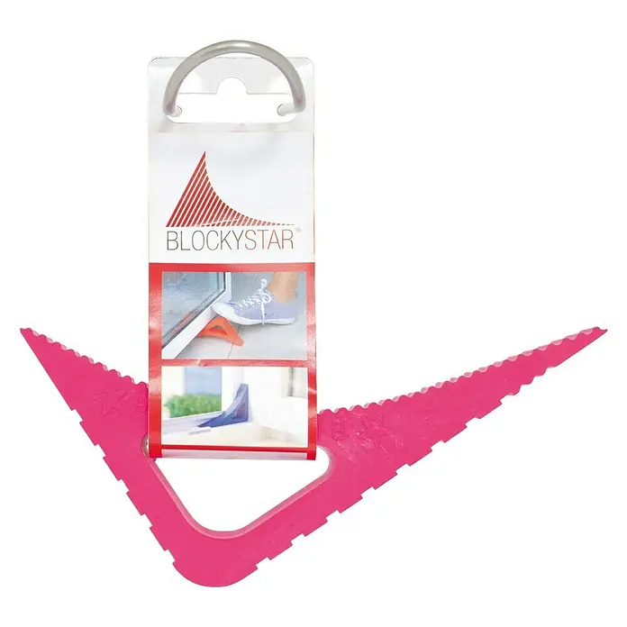Retenedor para puerta y ventana Blockystar - Rosa - Un paquete de cuñas para puerta rosa BLOCKSTAR que muestra un innovador tope para puerta para diversas superficies.