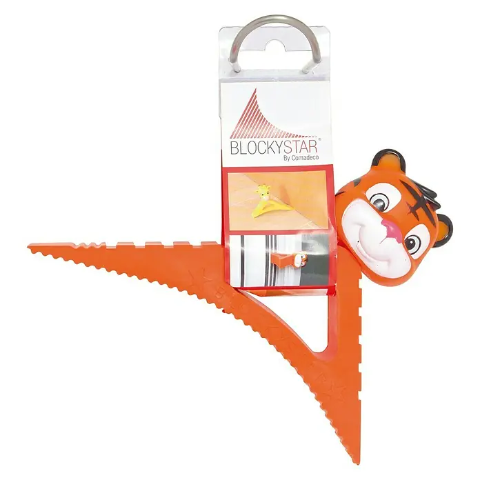 Retenedor para puerta y ventana Blockystar - Multicolor - Tope de puerta con forma de tigre con cuña naranja y embalaje del producto. Una ayuda práctica para un hogar amigable para los niños.