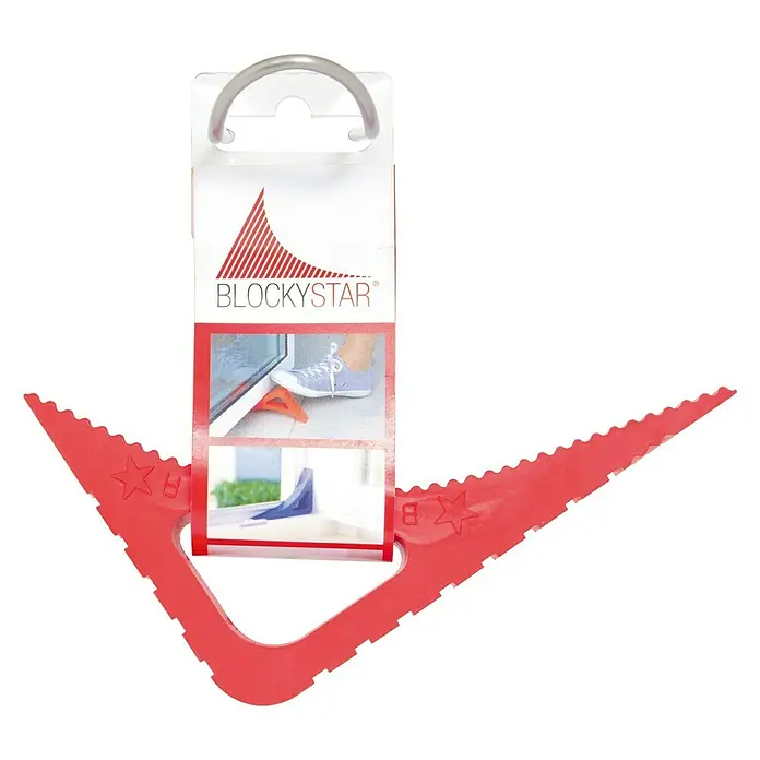 Retenedor para puerta y ventana Blockystar - Rojo - Cuña de puerta Blockystar roja con bordes serrados, presentada con el embalaje del producto que la acompaña.